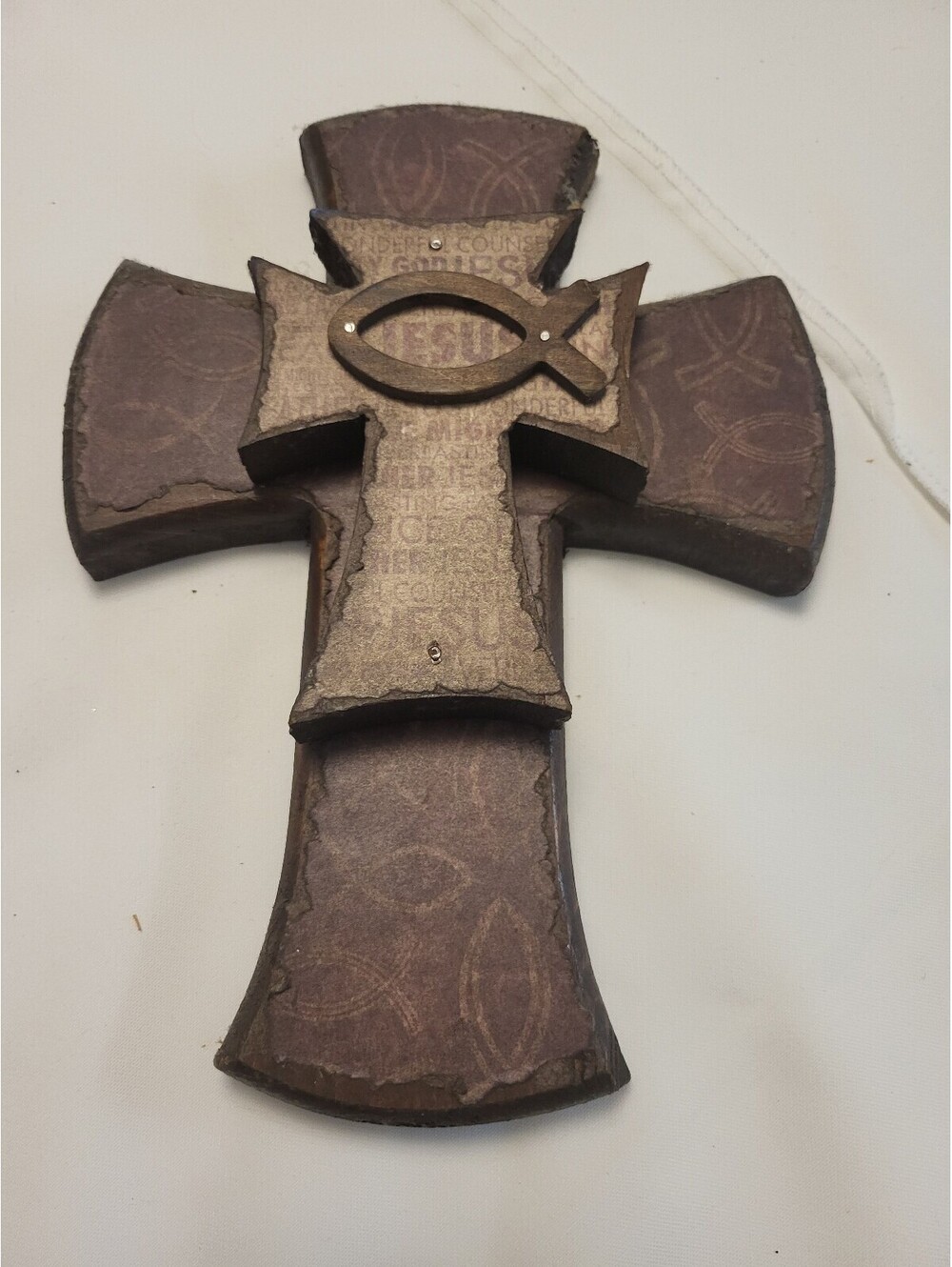 Handmade Wooden Cross Wall Decor with Christian Fish Symbol 10x7